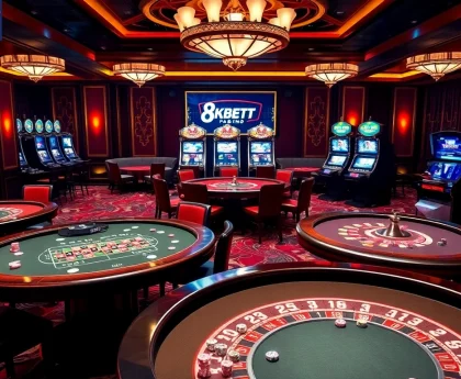 Experience the luxury of 8KBET with vibrant casino tables and high-stakes gaming.