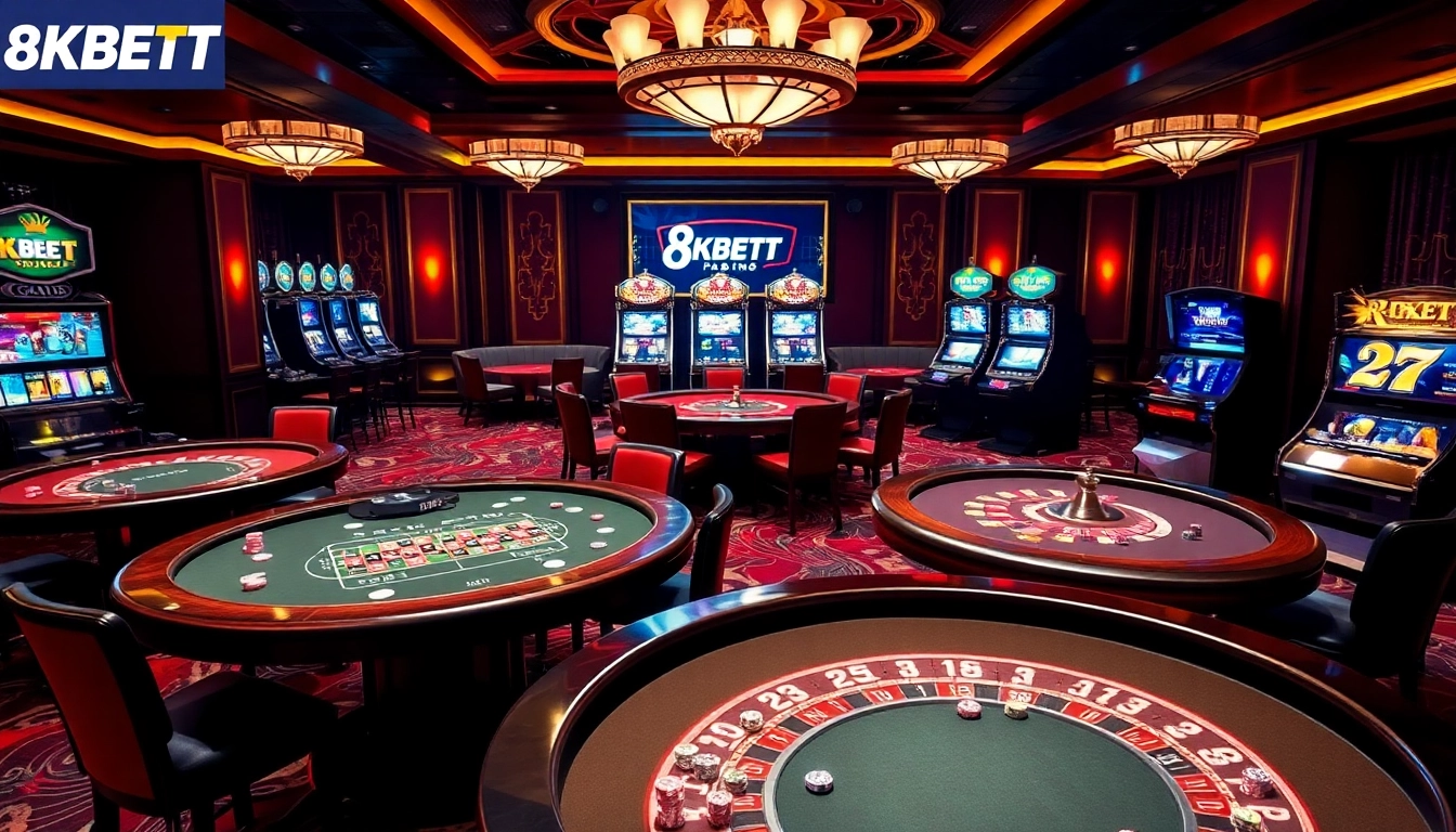 Experience the luxury of 8KBET with vibrant casino tables and high-stakes gaming.