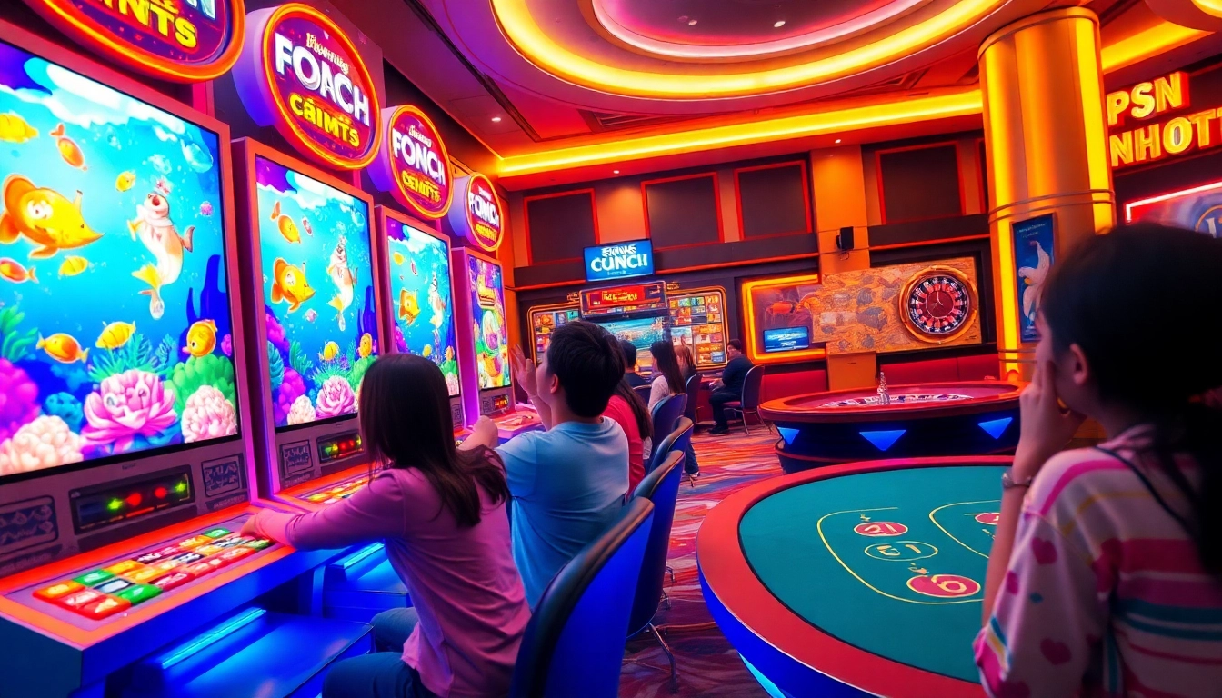 Players engaging in a thrilling bắn cá game in a vibrant casino atmosphere.