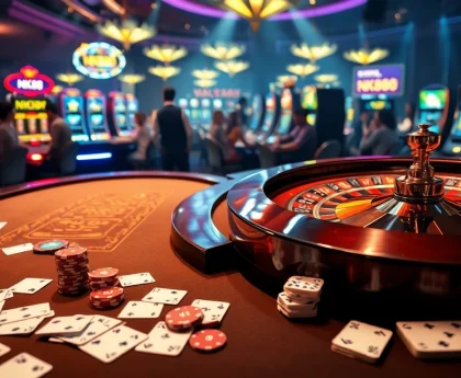 Watch NK88 players engaging in an exciting casino game filled with colorful slot machines and lively action.