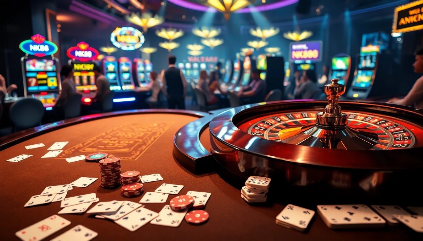 Watch NK88 players engaging in an exciting casino game filled with colorful slot machines and lively action.