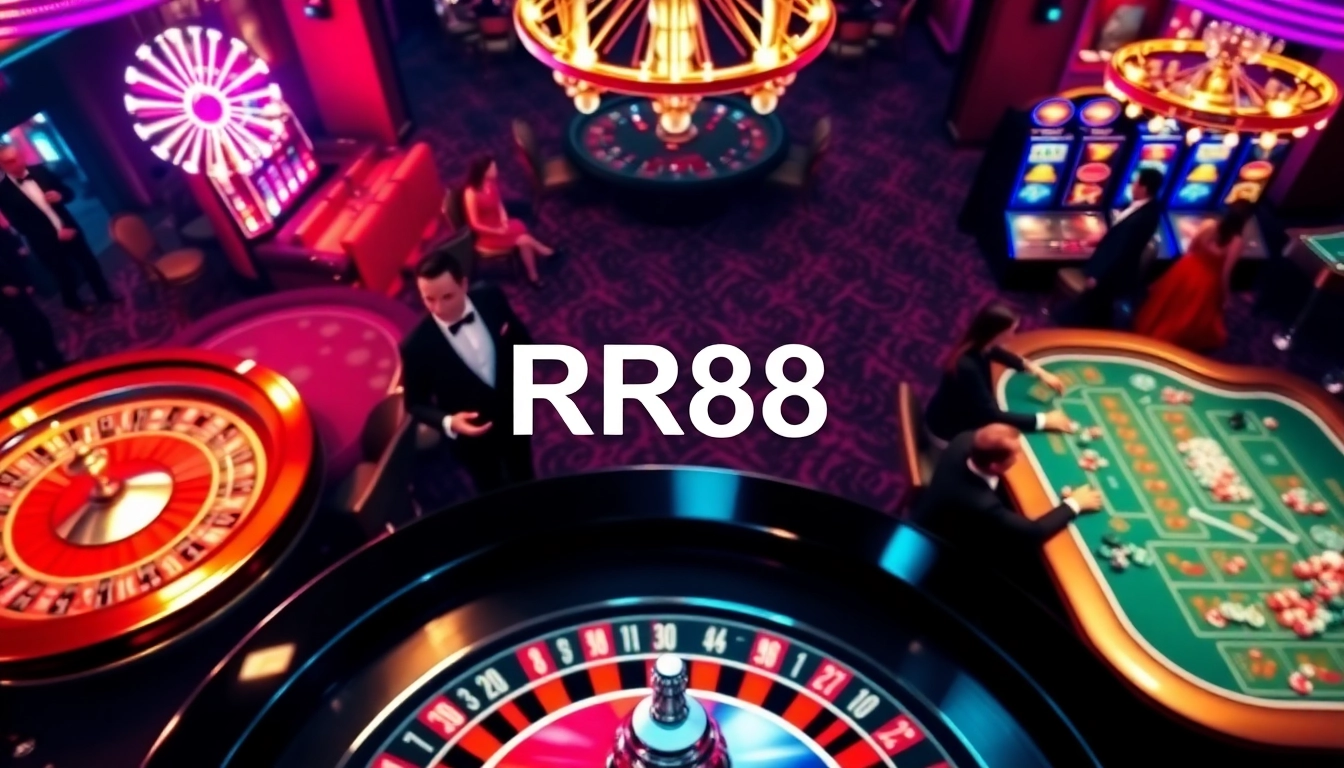 Experience the thrill of gambling at RR88 with vibrant casino tables and poker chips.