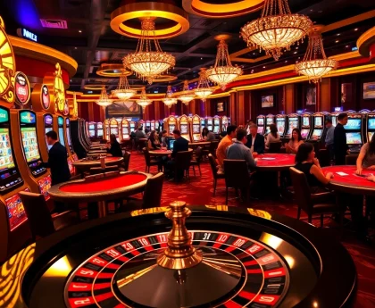 MM88 players enjoying a thrilling casino experience at luxurious gaming tables with vibrant slot machines.