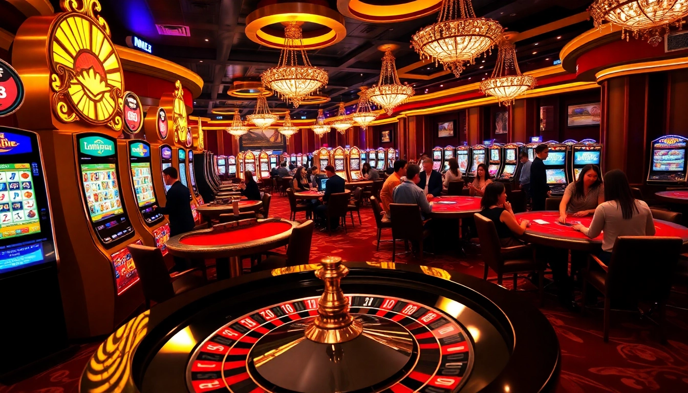 MM88 players enjoying a thrilling casino experience at luxurious gaming tables with vibrant slot machines.