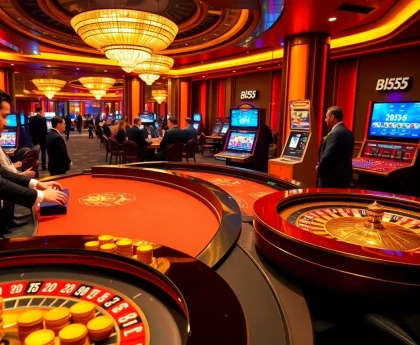 Experience the excitement of Bl555 as players engage in thrilling casino games with vibrant tables and dynamic ambiance.