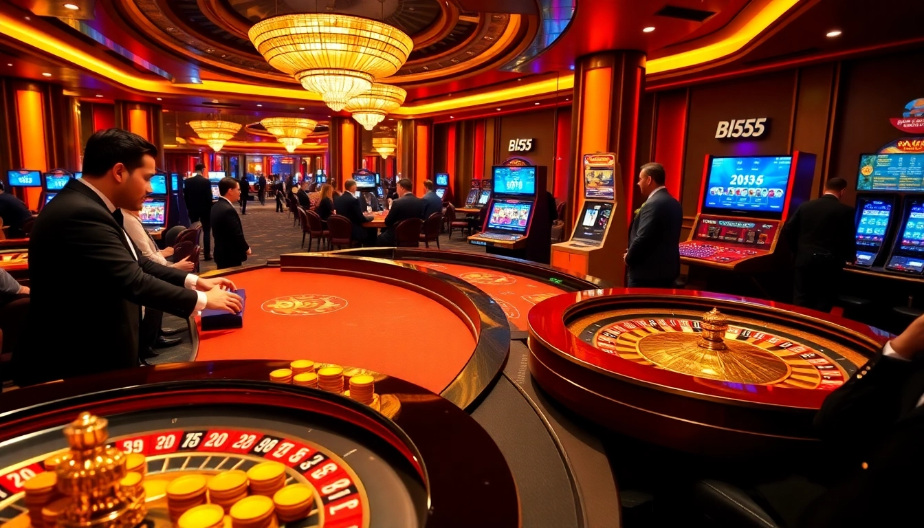 Experience the excitement of Bl555 as players engage in thrilling casino games with vibrant tables and dynamic ambiance.