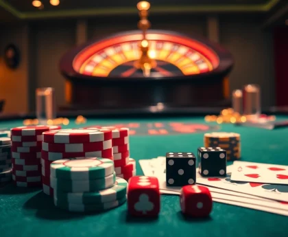 Experience the thrill of gaming at 6RWIN with vibrant cards, chips, and roulette wheel.