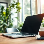 Usando el MacBook Pro M4 en un entorno de oficina moderna, destacando su diseño elegante y funcionalidad.