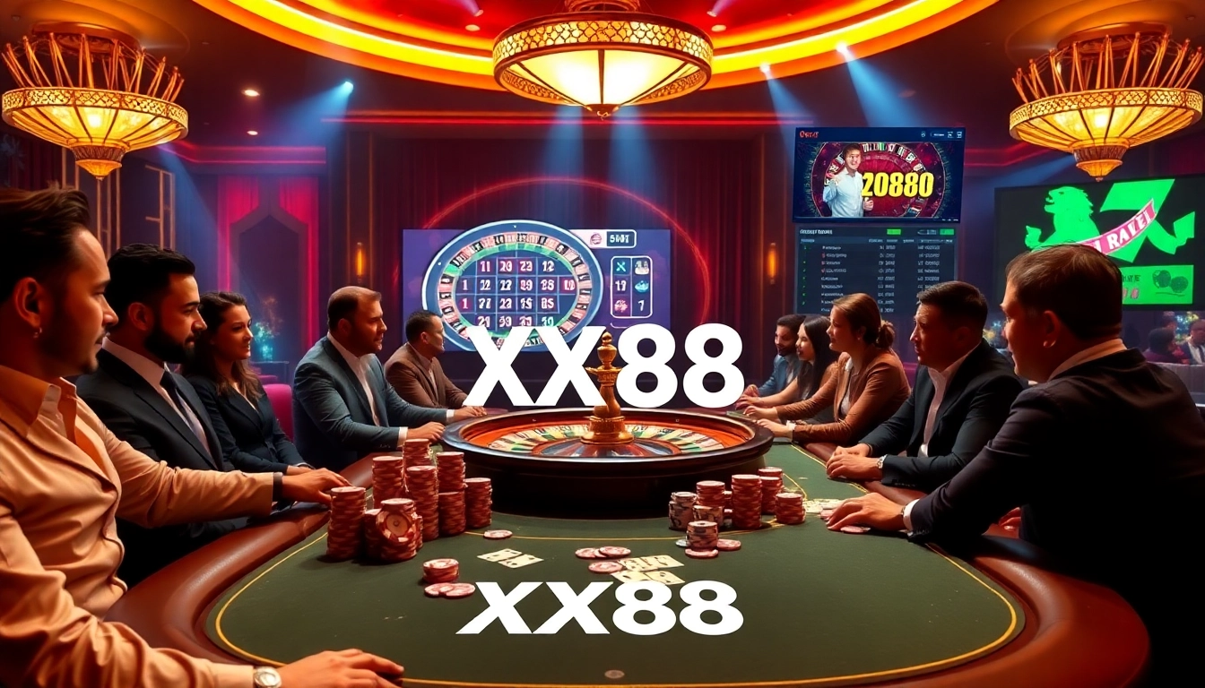 Engaging in a thrilling poker game at XX88, showcasing chips, cards, and excitement.