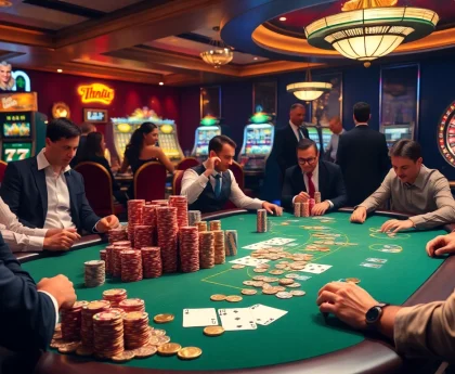Engaging poker players at a luxurious casino table, featuring rikvip gambling elements.