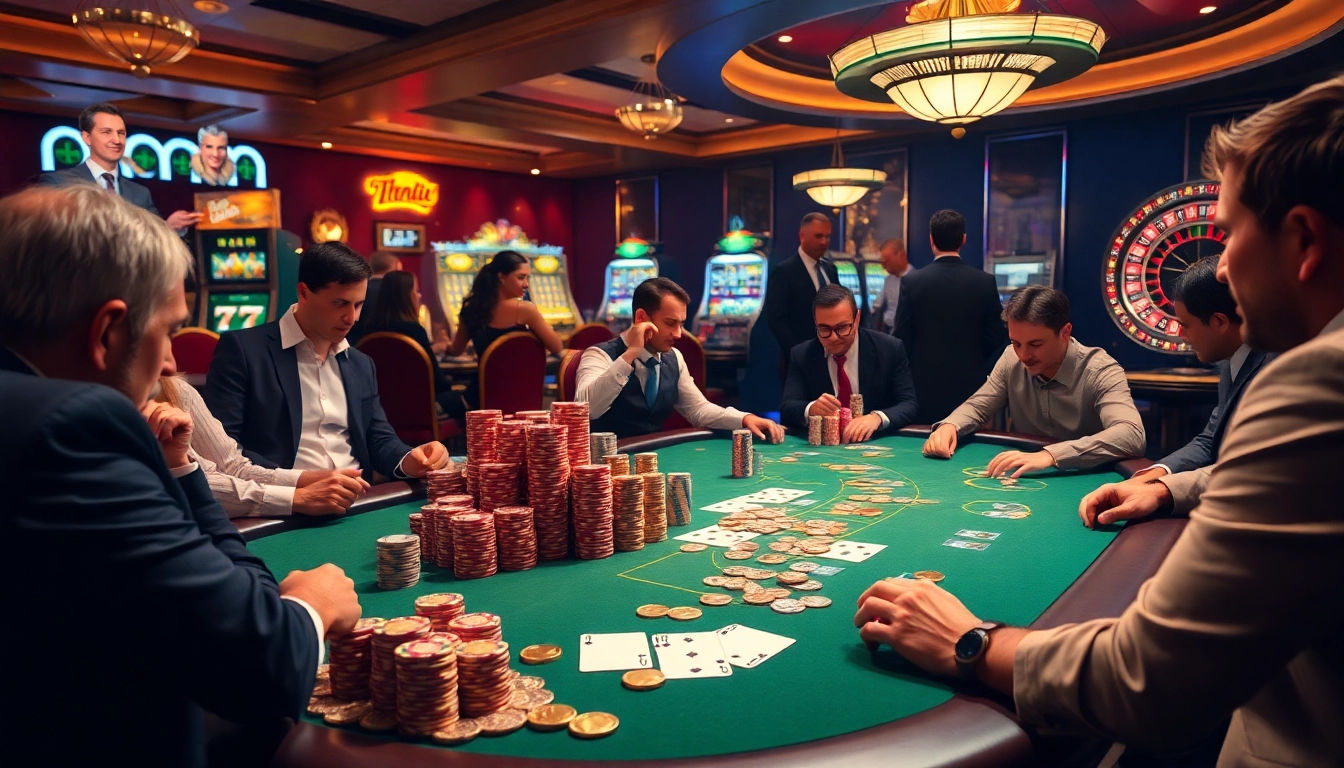 Engaging poker players at a luxurious casino table, featuring rikvip gambling elements.