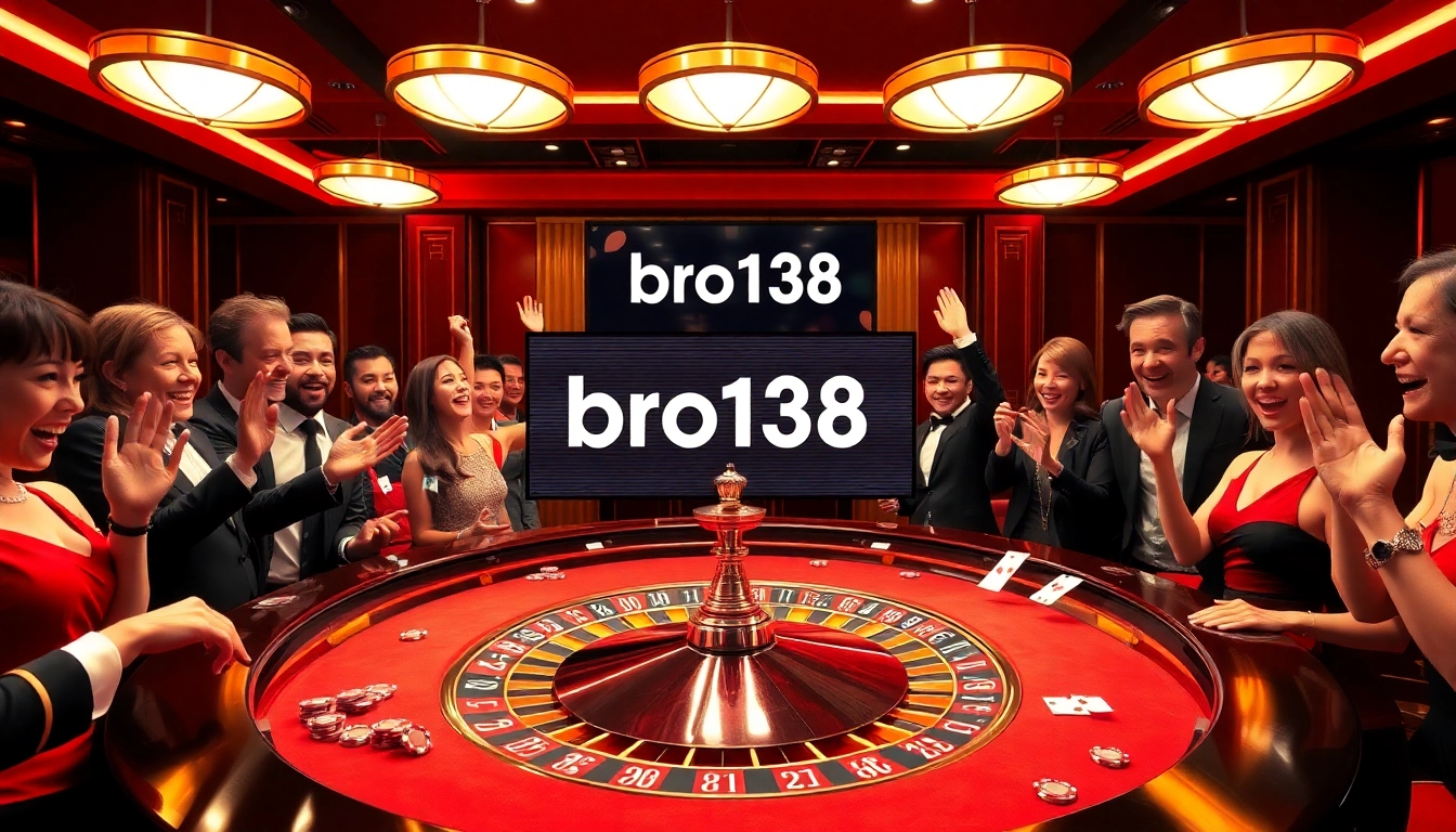 Experience the thrill of bro138 at a vibrant casino with excited players and elegant roulette.