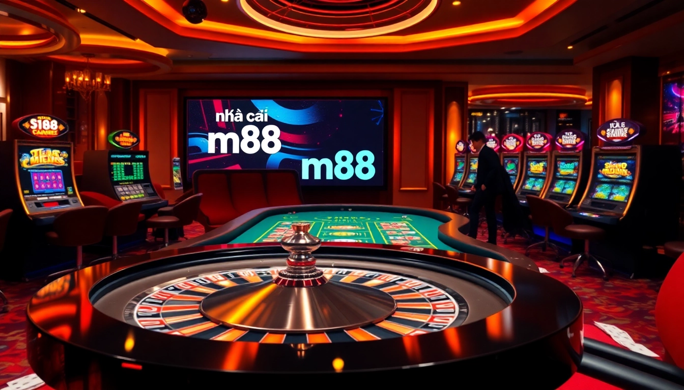 Players enjoying the excitement of gambling at nhà cái m88 with vibrant casino games and engaging atmosphere.