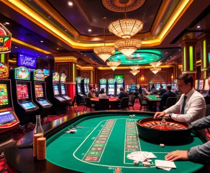 Excited players enjoying games at 789club's vibrant casino, with roulette and slot machines in action.
