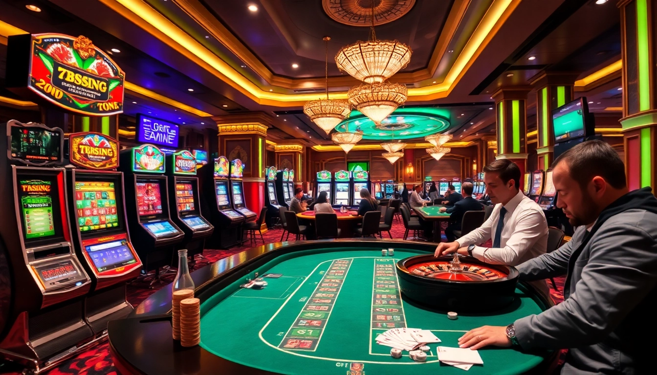 Excited players enjoying games at 789club's vibrant casino, with roulette and slot machines in action.