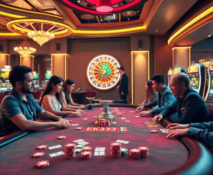 Exciting EK333-themed gaming scene with poker chips and vibrant casino tables.