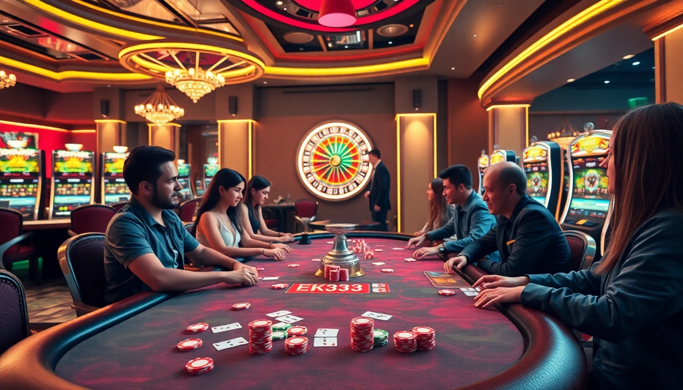 Exciting EK333-themed gaming scene with poker chips and vibrant casino tables.