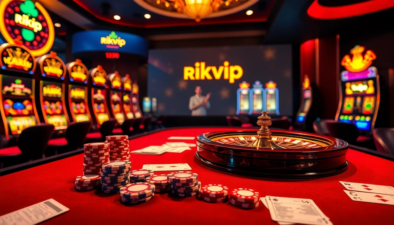 Rikvip players enjoying thrilling casino games with poker chips and roulette.