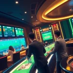 Tỷ lệ bóng đá 7m displayed on a high-tech sports betting screen in a vibrant casino atmosphere.