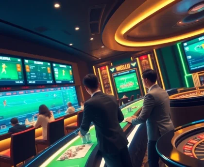 Tỷ lệ bóng đá 7m displayed on a high-tech sports betting screen in a vibrant casino atmosphere.