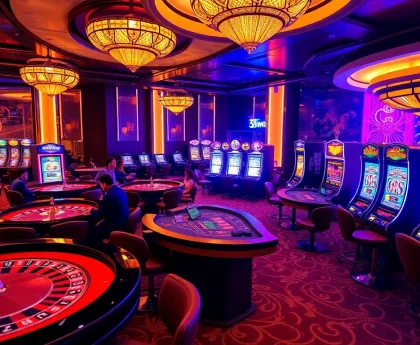 Engaged players enjoying vibrant action at 58win casino tables with slots and roulette wheels.