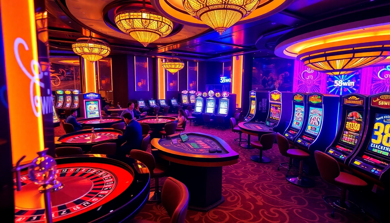 Engaged players enjoying vibrant action at 58win casino tables with slots and roulette wheels.
