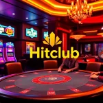 Hitclub-themed luxurious casino scene with engaged players at a poker table and vibrant slot machines.