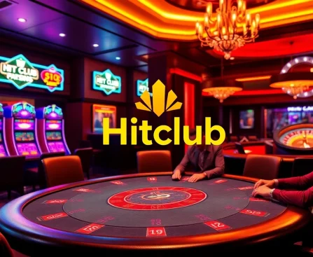 Hitclub-themed luxurious casino scene with engaged players at a poker table and vibrant slot machines.