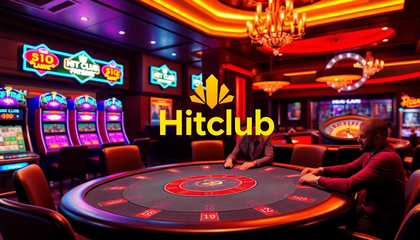 Hitclub-themed luxurious casino scene with engaged players at a poker table and vibrant slot machines.