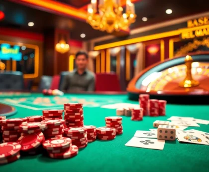 Thrilling casino experience at https://rr88co.net/ with poker chips and a roulette wheel amidst an elegant ambiance.