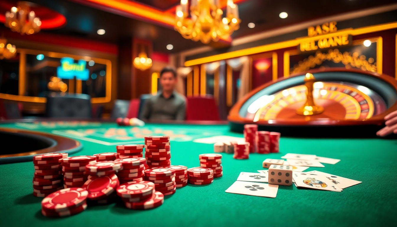 Thrilling casino experience at https://rr88co.net/ with poker chips and a roulette wheel amidst an elegant ambiance.