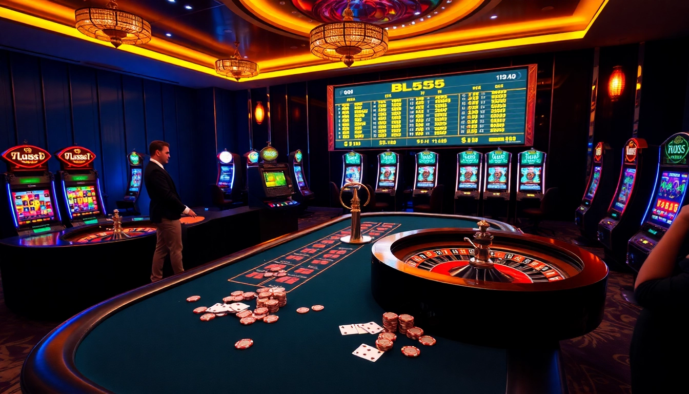 Experience excitement at BL555 online casino with vibrant slot machines and poker tables.