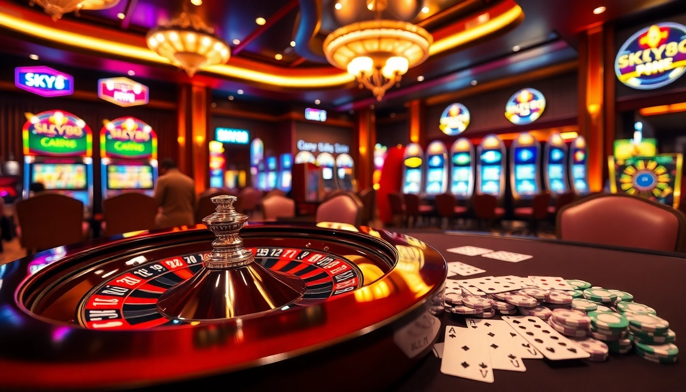 SKY88 casino gaming experience featuring roulette, poker chips, and slot machines.