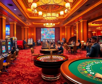 MM88 casino scene showcasing vibrant gameplay at tables with excited patrons, luxury atmosphere, and thrilling excitement.
