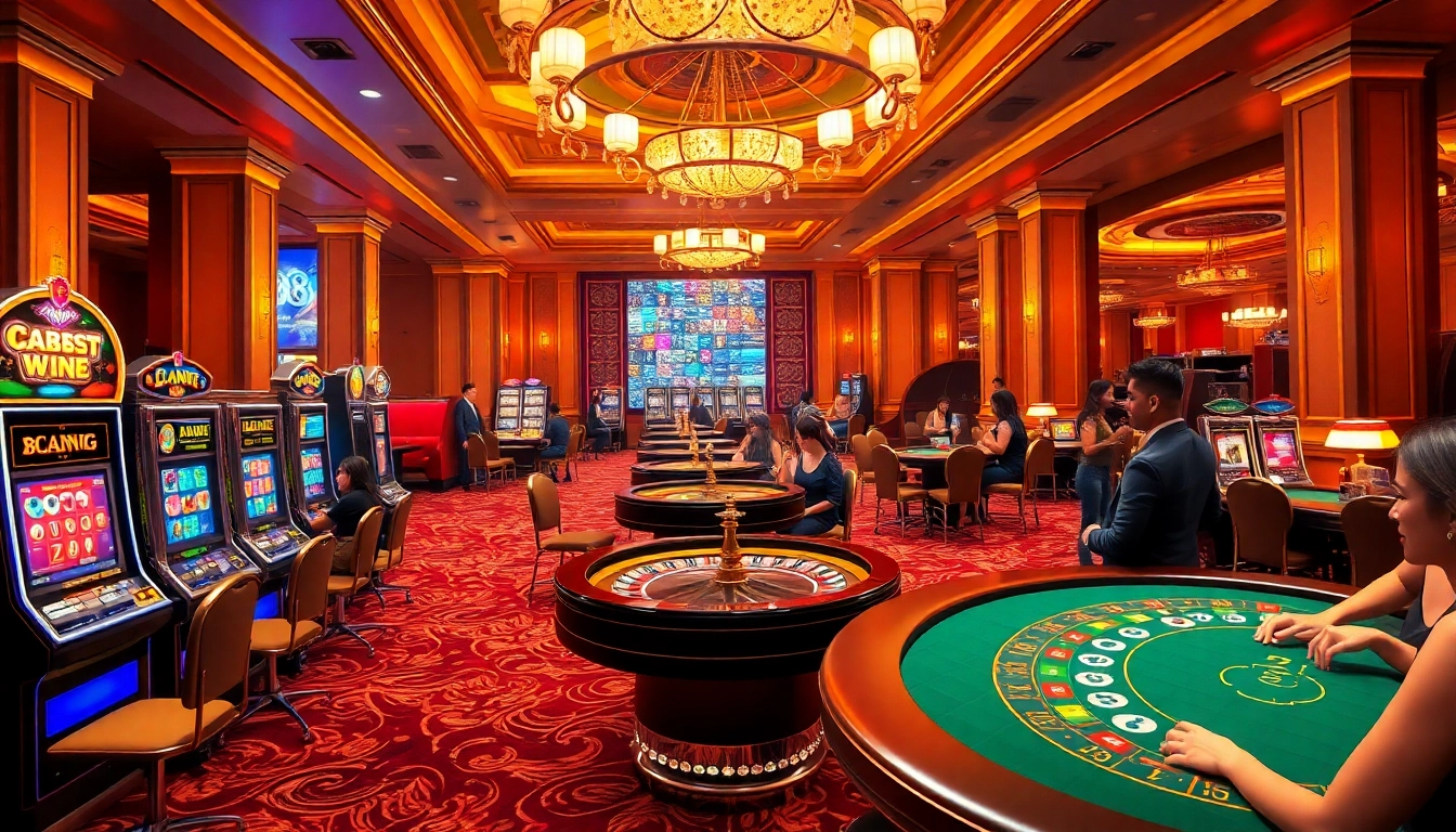 MM88 casino scene showcasing vibrant gameplay at tables with excited patrons, luxury atmosphere, and thrilling excitement.
