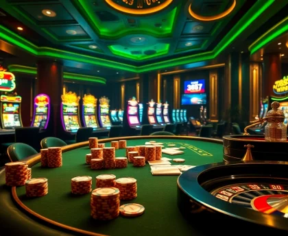 Experience the excitement of 789 win as players engage with luxurious casino elements like cards and roulette.