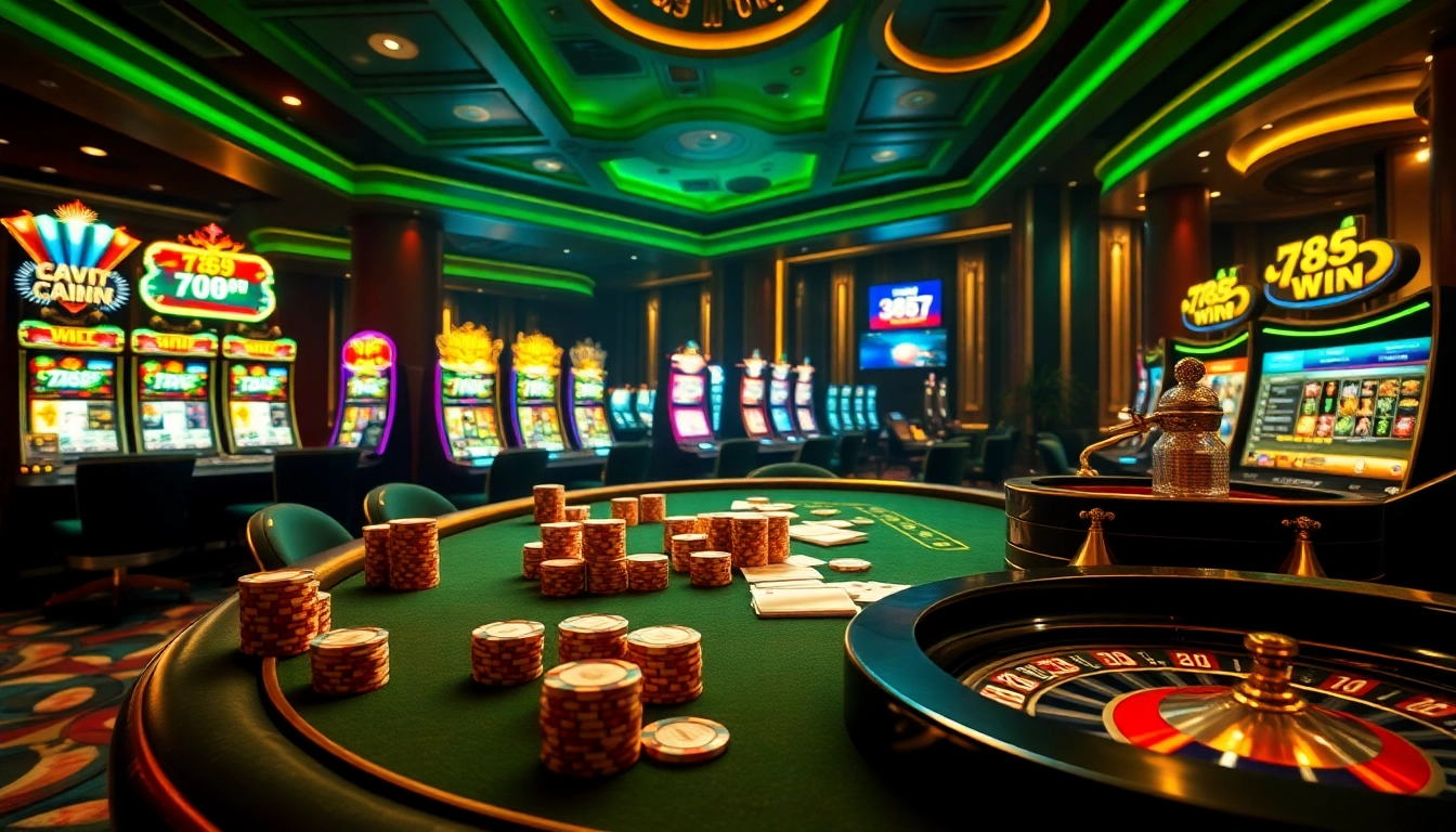 Experience the excitement of 789 win as players engage with luxurious casino elements like cards and roulette.