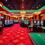 A player celebrating a win at kerajaanslot on a vibrant slot machine, embodying casino excitement and luxury.