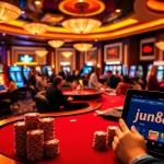 Experience the excitement of jun88 con with vibrant casino tables and engaged players in action.