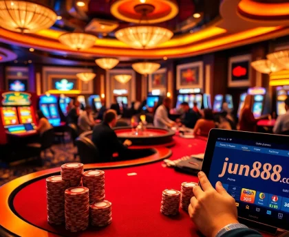Experience the excitement of jun88 con with vibrant casino tables and engaged players in action.