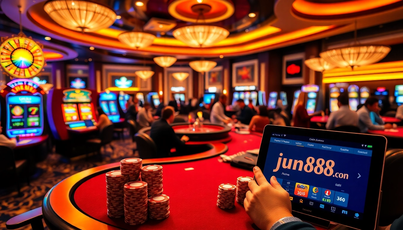 Experience the excitement of jun88 con with vibrant casino tables and engaged players in action.