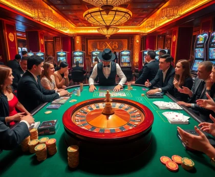 Players enjoy an exhilarating gaming experience at a luxury casino featuring XX88 elements.