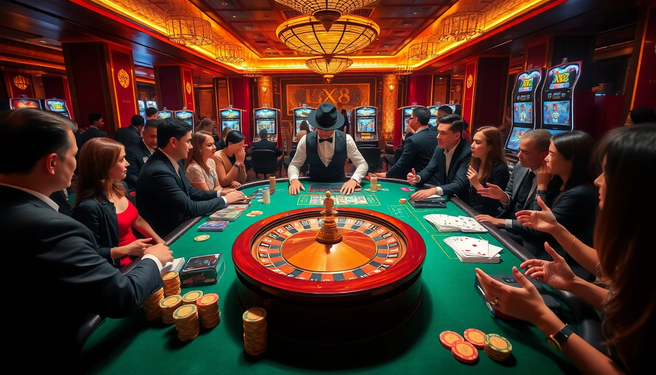 Players enjoy an exhilarating gaming experience at a luxury casino featuring XX88 elements.
