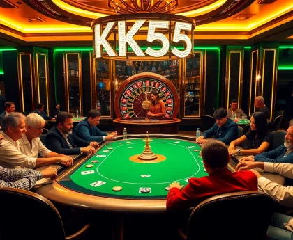 Players enjoying a thrilling poker game at the KK55 casino table with vibrant atmosphere.