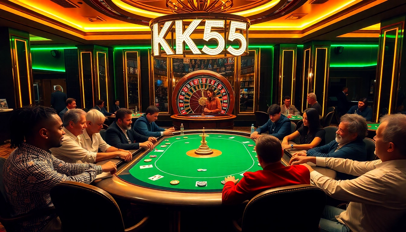 Players enjoying a thrilling poker game at the KK55 casino table with vibrant atmosphere.