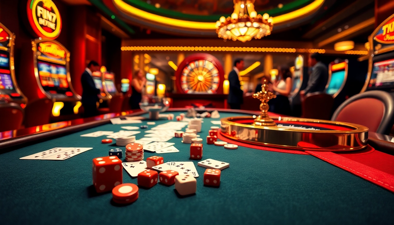 Experience the excitement of FUN79 casino with vibrant chip stacks and players at a roulette wheel.