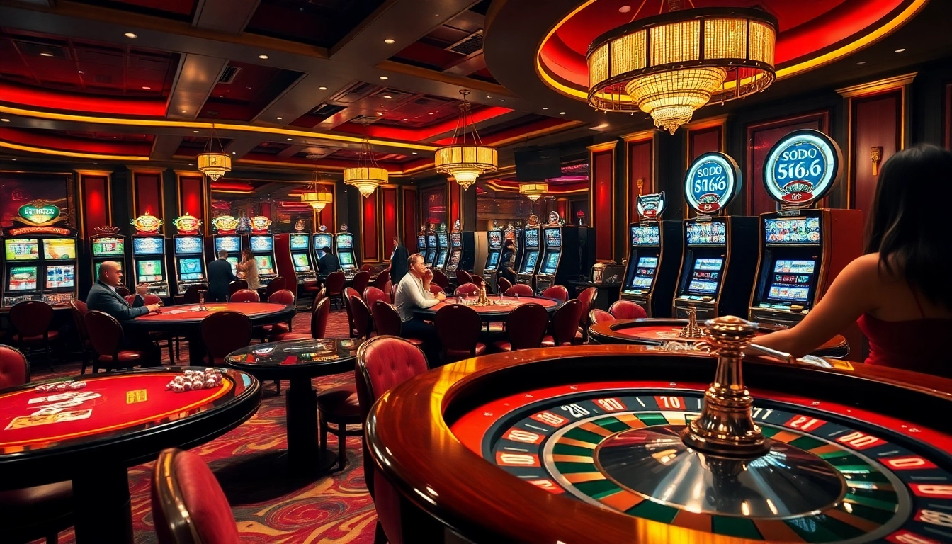 Action-packed scene with players enjoying SODO66 casino games, featuring poker chips and slot machines.