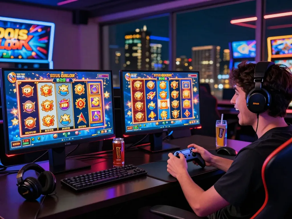Pemain menikmati permainan slot situs gacor di dua layar yang cerah, dikelilingi oleh aksesori permainan.