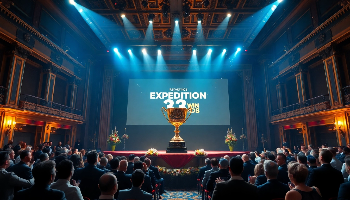 A dynamic awards ceremony celebrating 33 WIN with elegant audience and a prestigious trophy on stage.