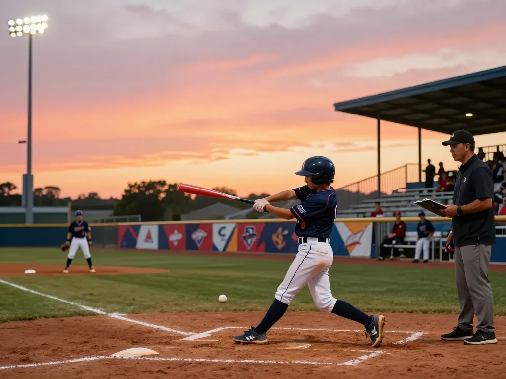 Hitclub baseball training scene with young athlete practicing swing at sunset, dynamic outdoor setting.